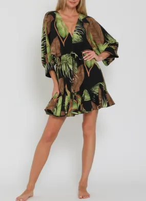 3/4 Dolman Sleeve Tie Front Waisted Mini Dress