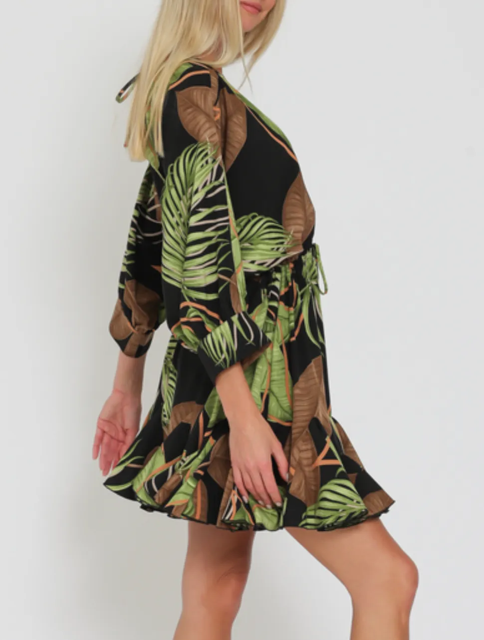 3/4 Dolman Sleeve Tie Front Waisted Mini Dress