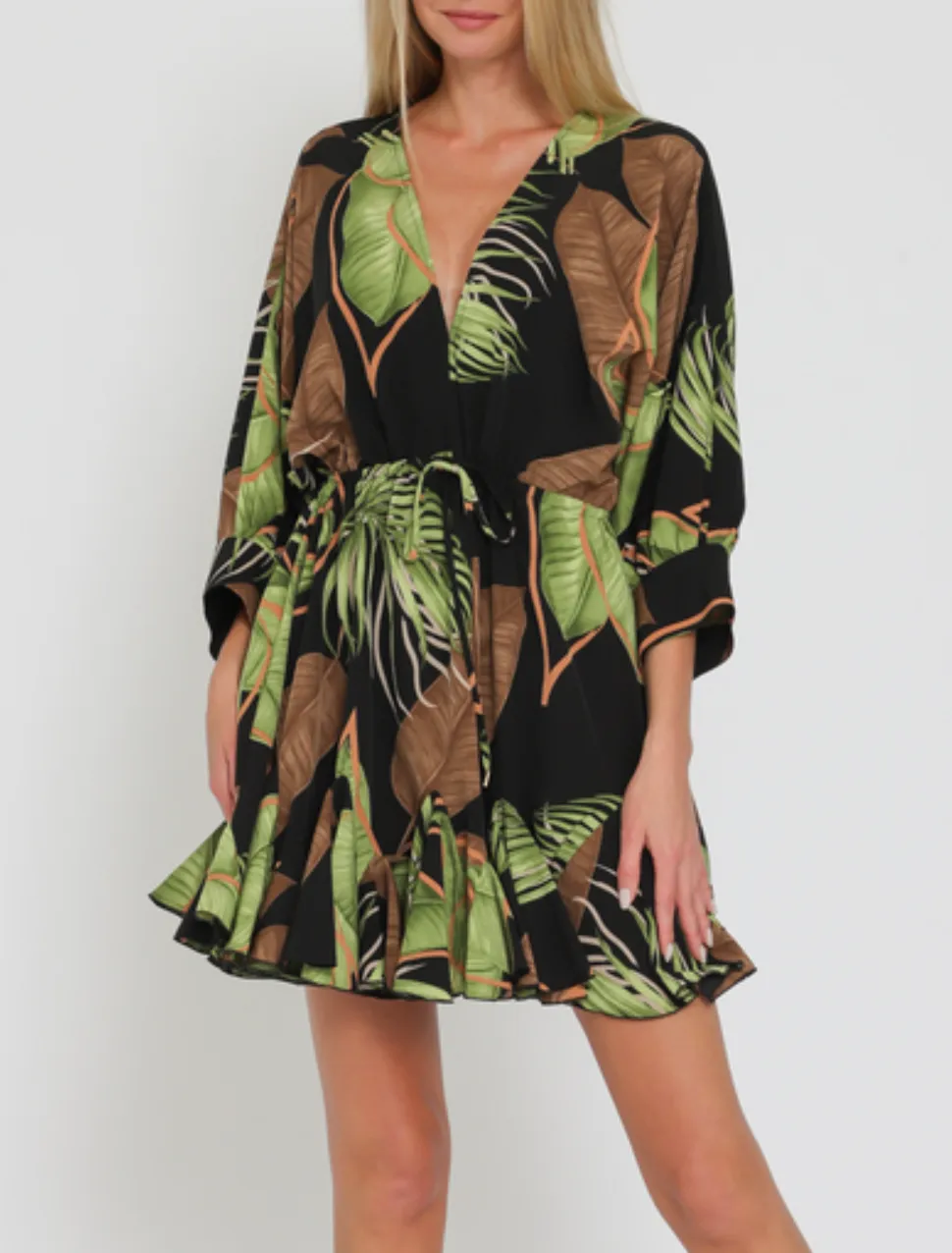 3/4 Dolman Sleeve Tie Front Waisted Mini Dress