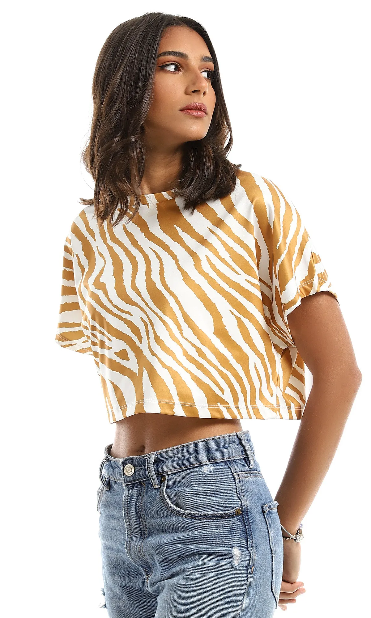 98957 Loose Bi-Tone Zebra Off-White & Goldenrod Crop Top