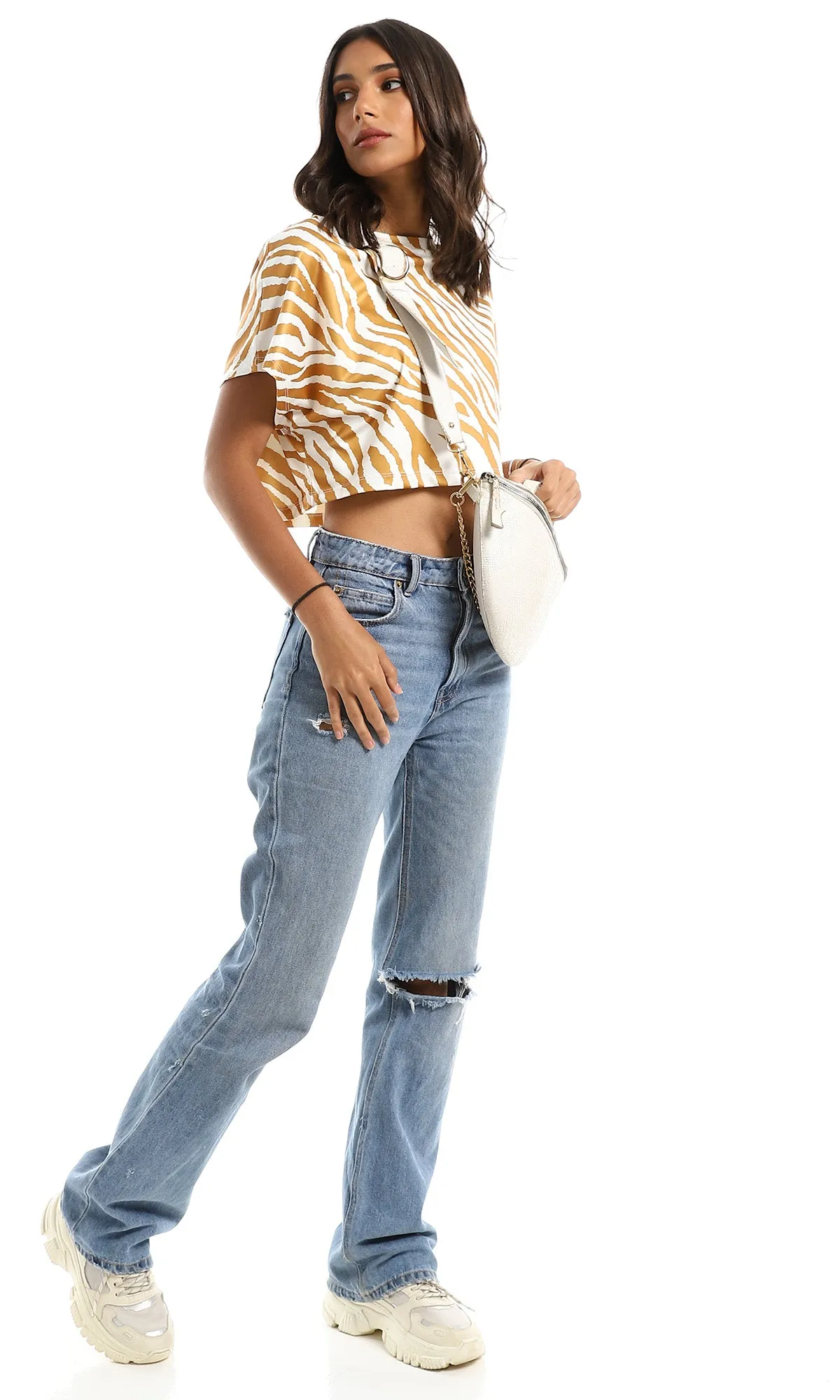 98957 Loose Bi-Tone Zebra Off-White & Goldenrod Crop Top