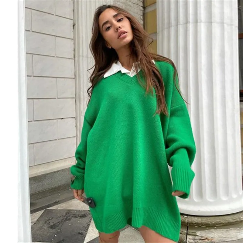 Autumn Winter Long Sleeve V Neck Casual Loose Knitted Pullover Long Sweater Dress Knitwear For Women