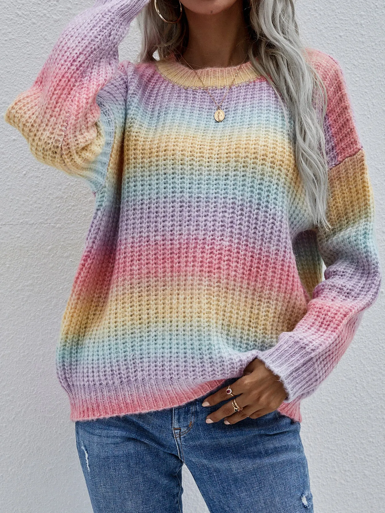 Autumn Winter Pullover Striped Bai Yuan Collar Knitwear Loose Plus Size Rainbow Sweater for Women