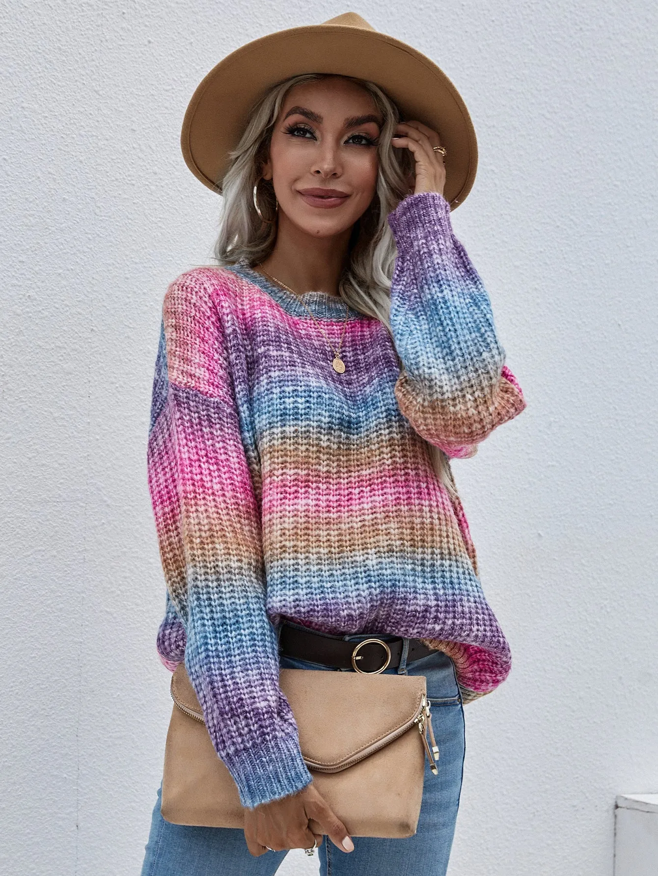 Autumn Winter Pullover Striped Bai Yuan Collar Knitwear Loose Plus Size Rainbow Sweater for Women