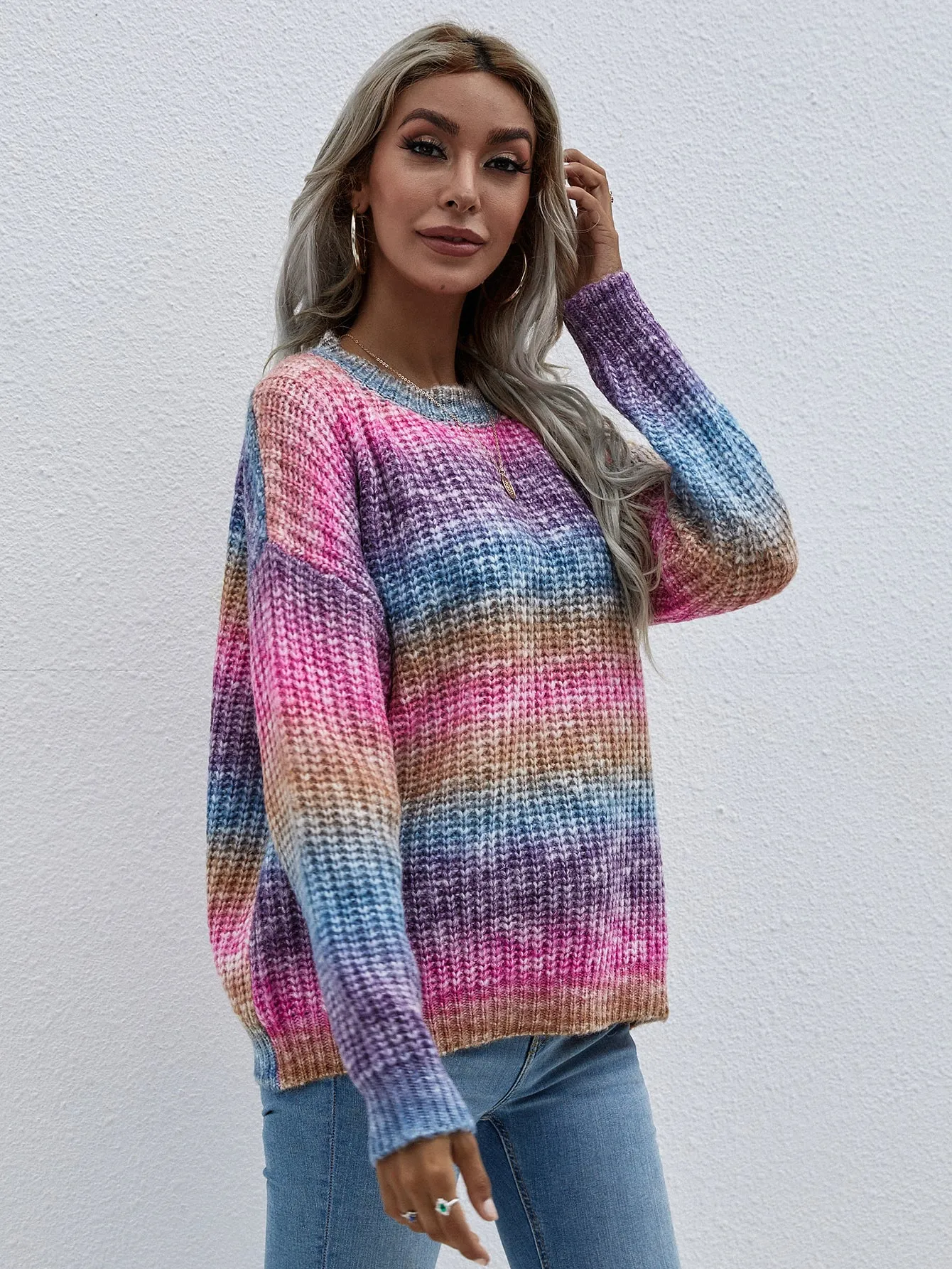 Autumn Winter Pullover Striped Bai Yuan Collar Knitwear Loose Plus Size Rainbow Sweater for Women