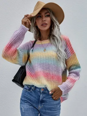 Autumn Winter Pullover Striped Bai Yuan Collar Knitwear Loose Plus Size Rainbow Sweater for Women