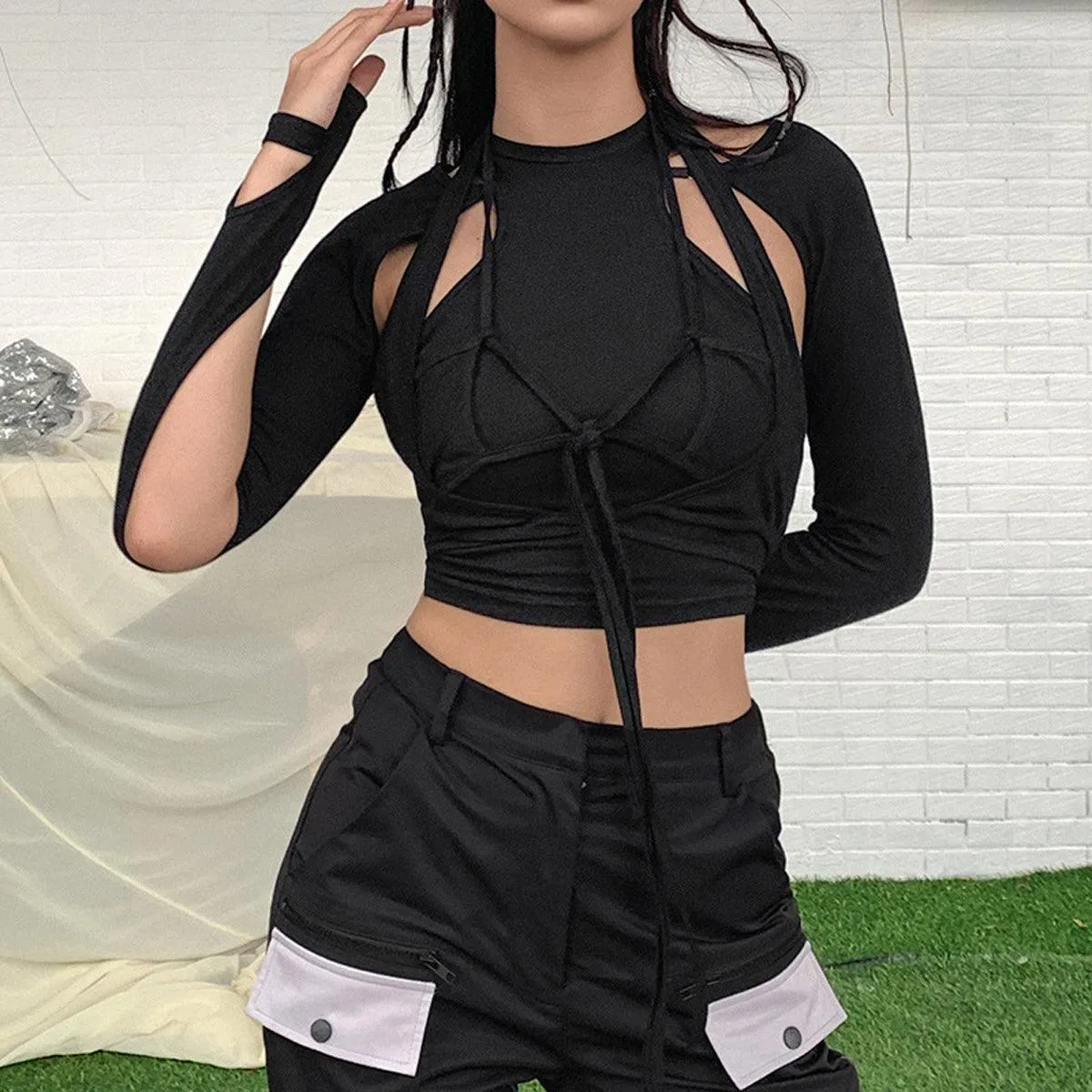 Chest Laced Black Workout Long Sleeve