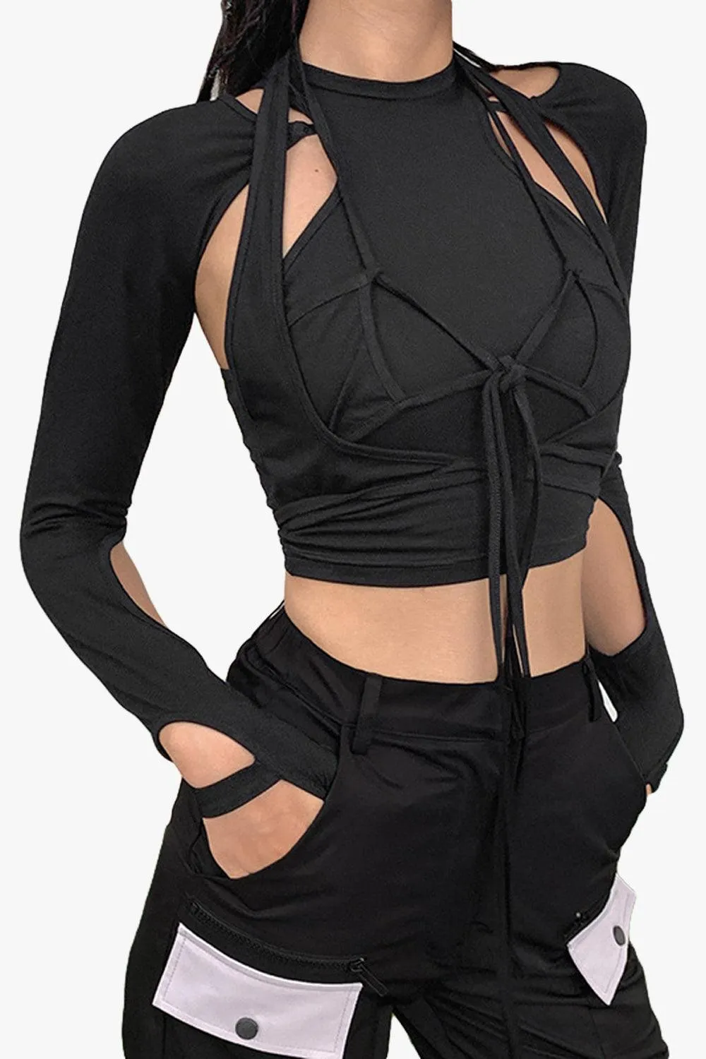 Chest Laced Black Workout Long Sleeve