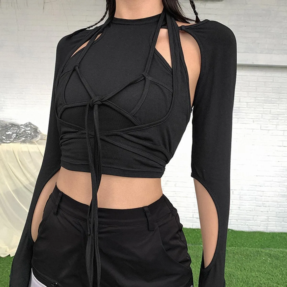 Chest Laced Black Workout Long Sleeve
