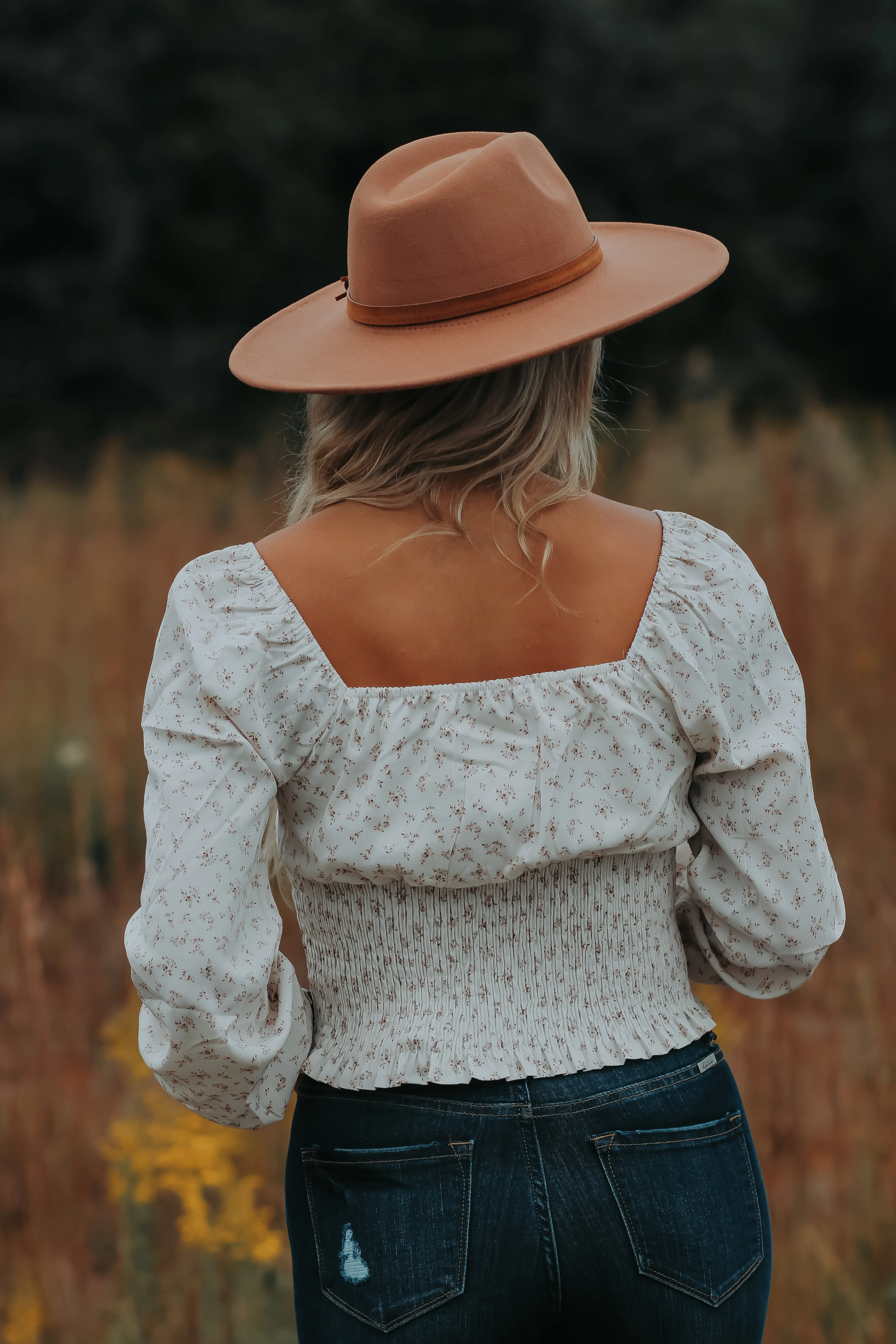 Cream Floral Smocked Detail Tie Front Top
