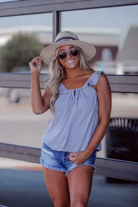 Dusty Blue Ruffle Sleeve Tie Front Top