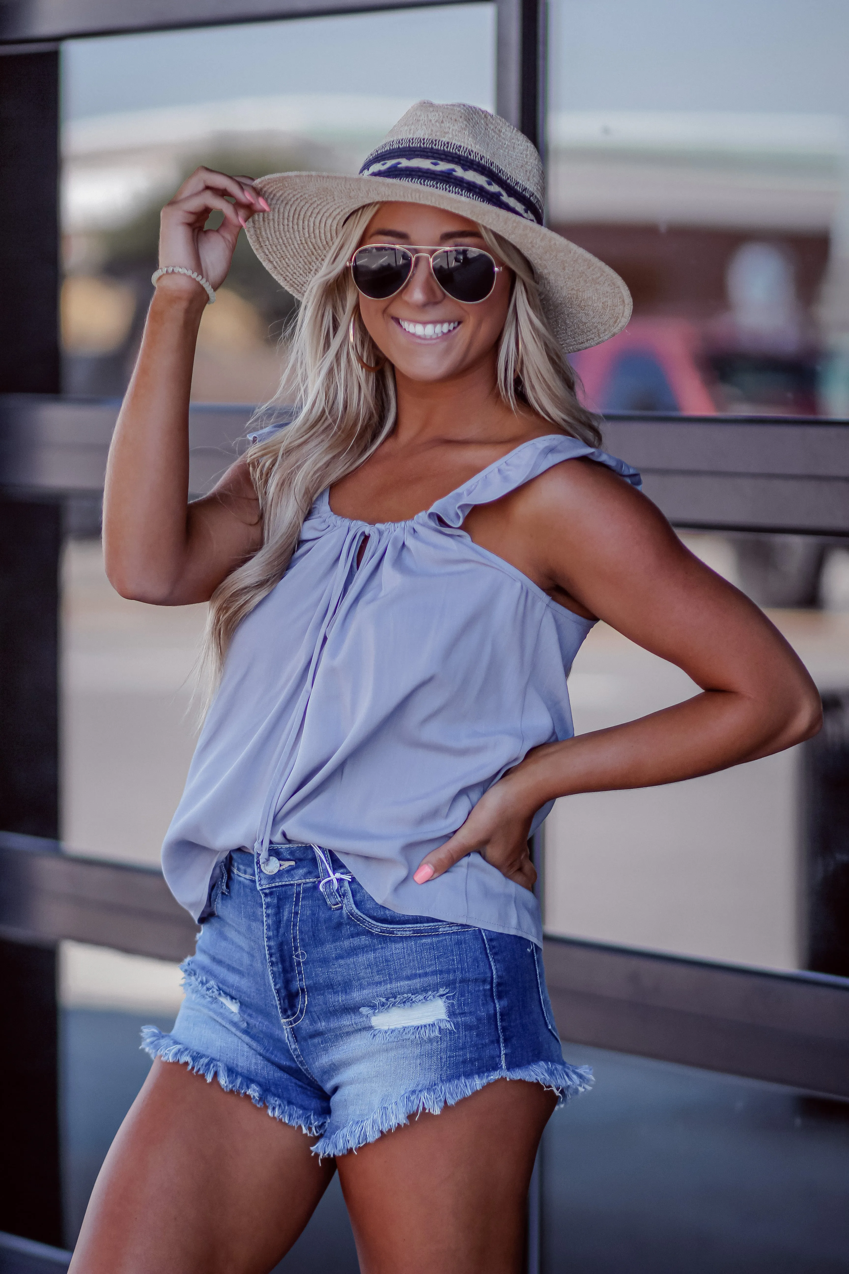Dusty Blue Ruffle Sleeve Tie Front Top