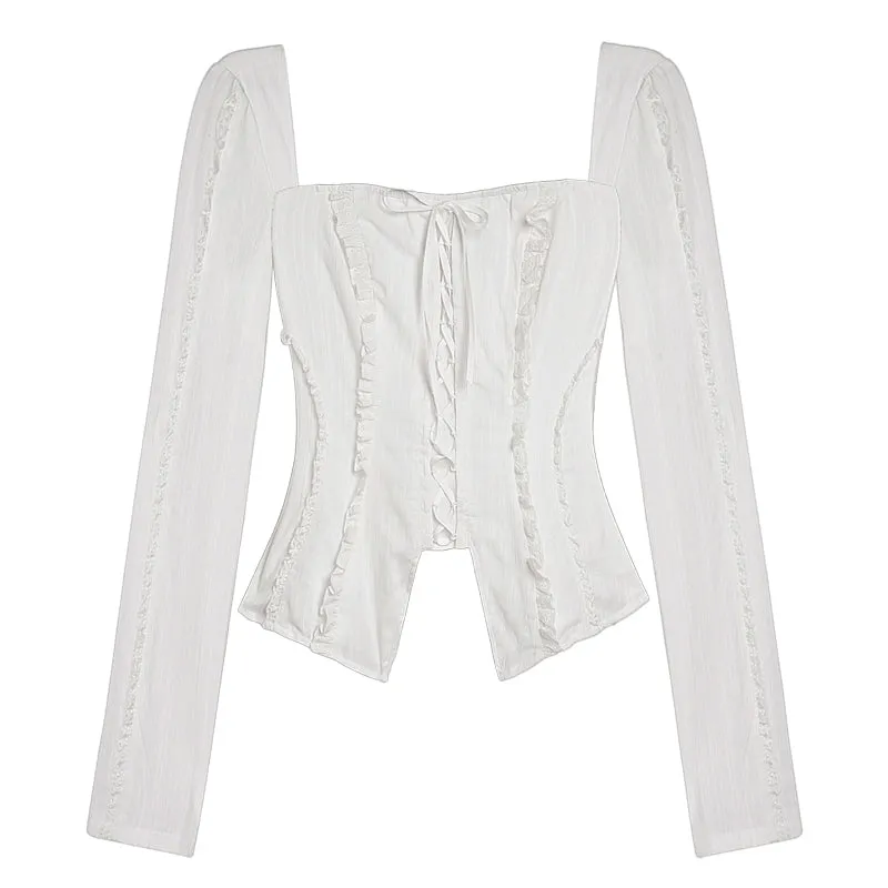 French sweet tie-front white square-neck blouse