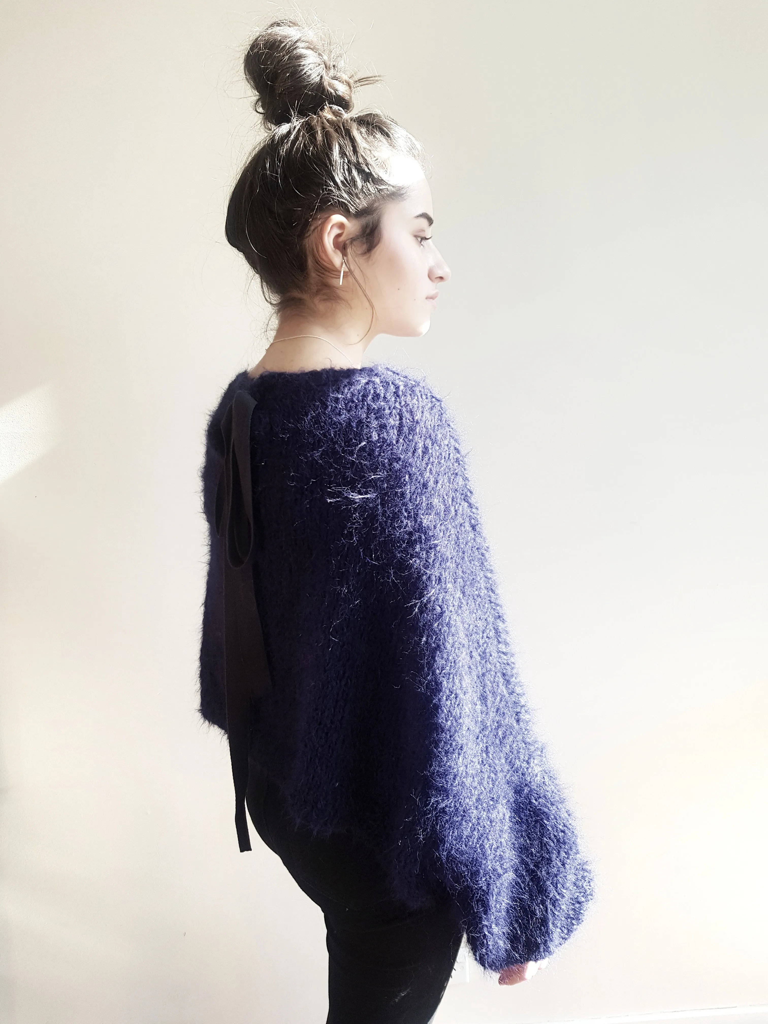 Hand knit batwing sweater with Tie back (Alpaca) - Cognac