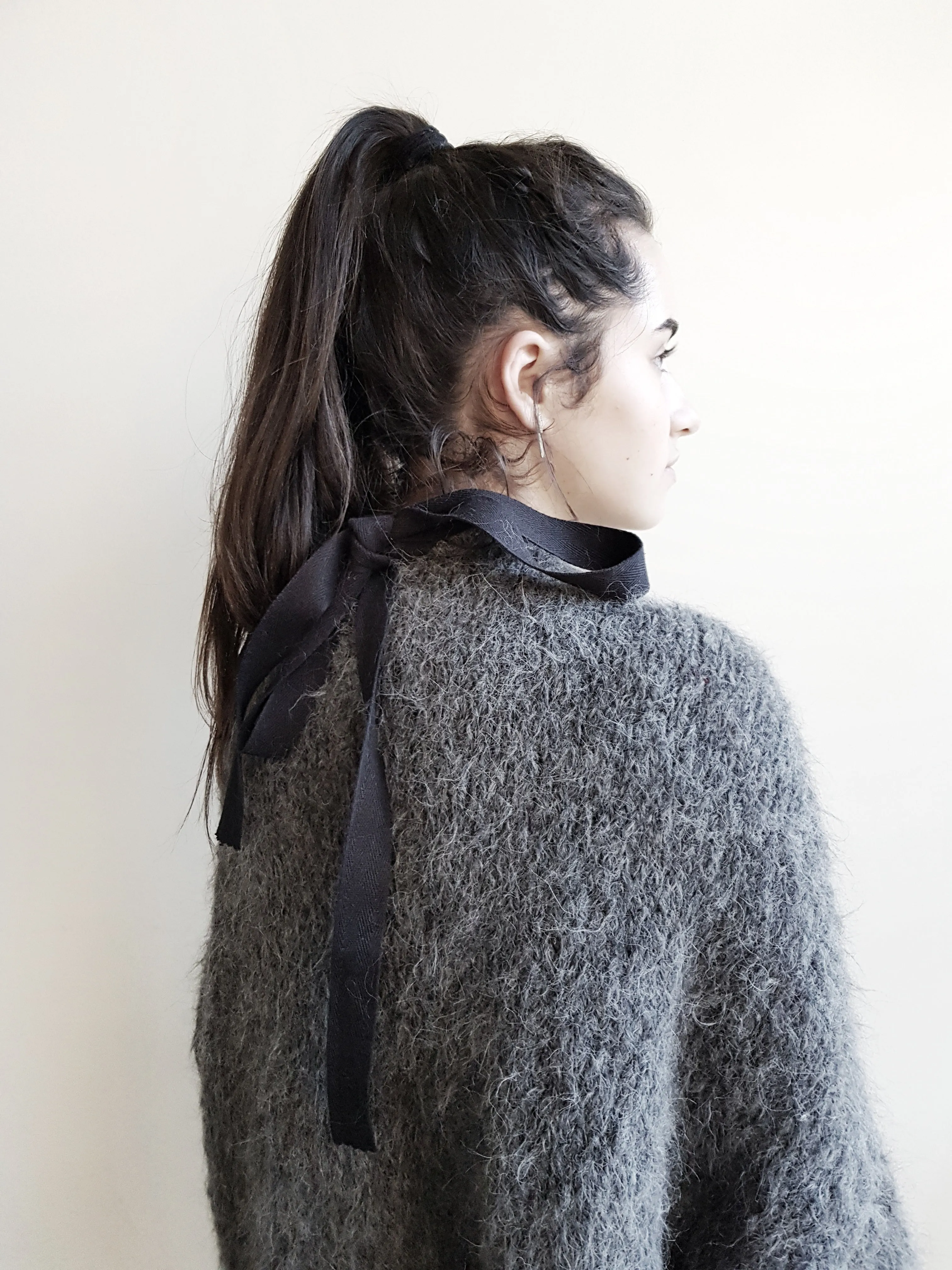 Hand knit batwing sweater with Tie back (Alpaca) - Cognac