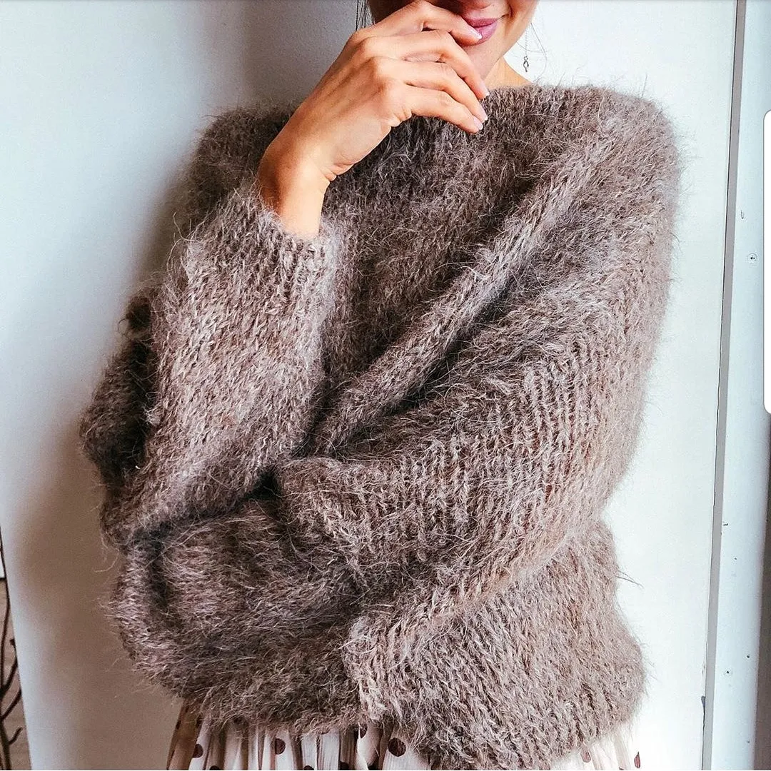 Hand knit batwing sweater with Tie back (Alpaca) - Cognac