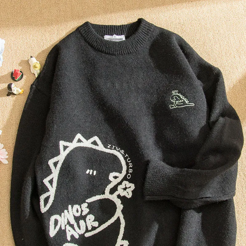 Japanese Lazy Style Cartoon Dinosaur Print Sweater