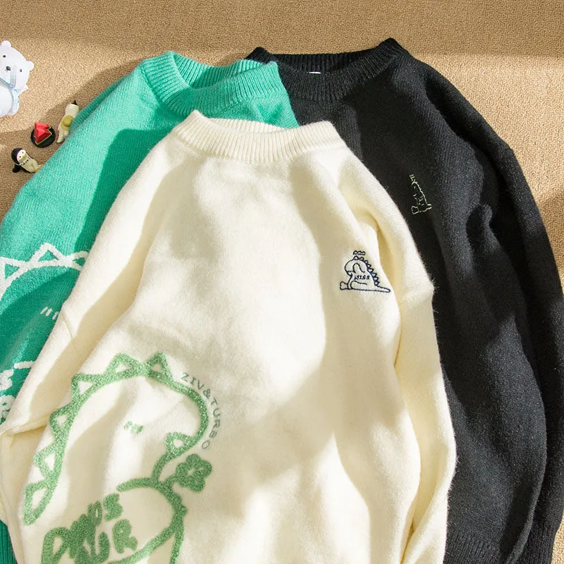 Japanese Lazy Style Cartoon Dinosaur Print Sweater
