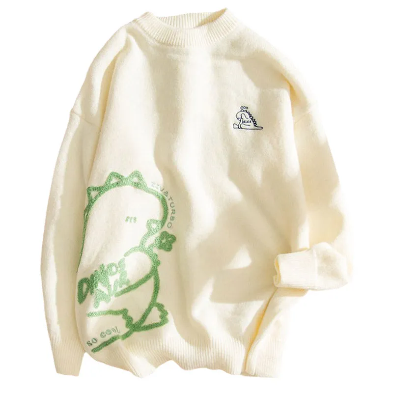 Japanese Lazy Style Cartoon Dinosaur Print Sweater