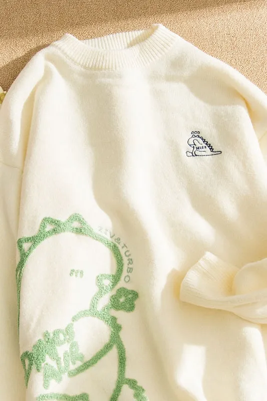 Japanese Lazy Style Cartoon Dinosaur Print Sweater