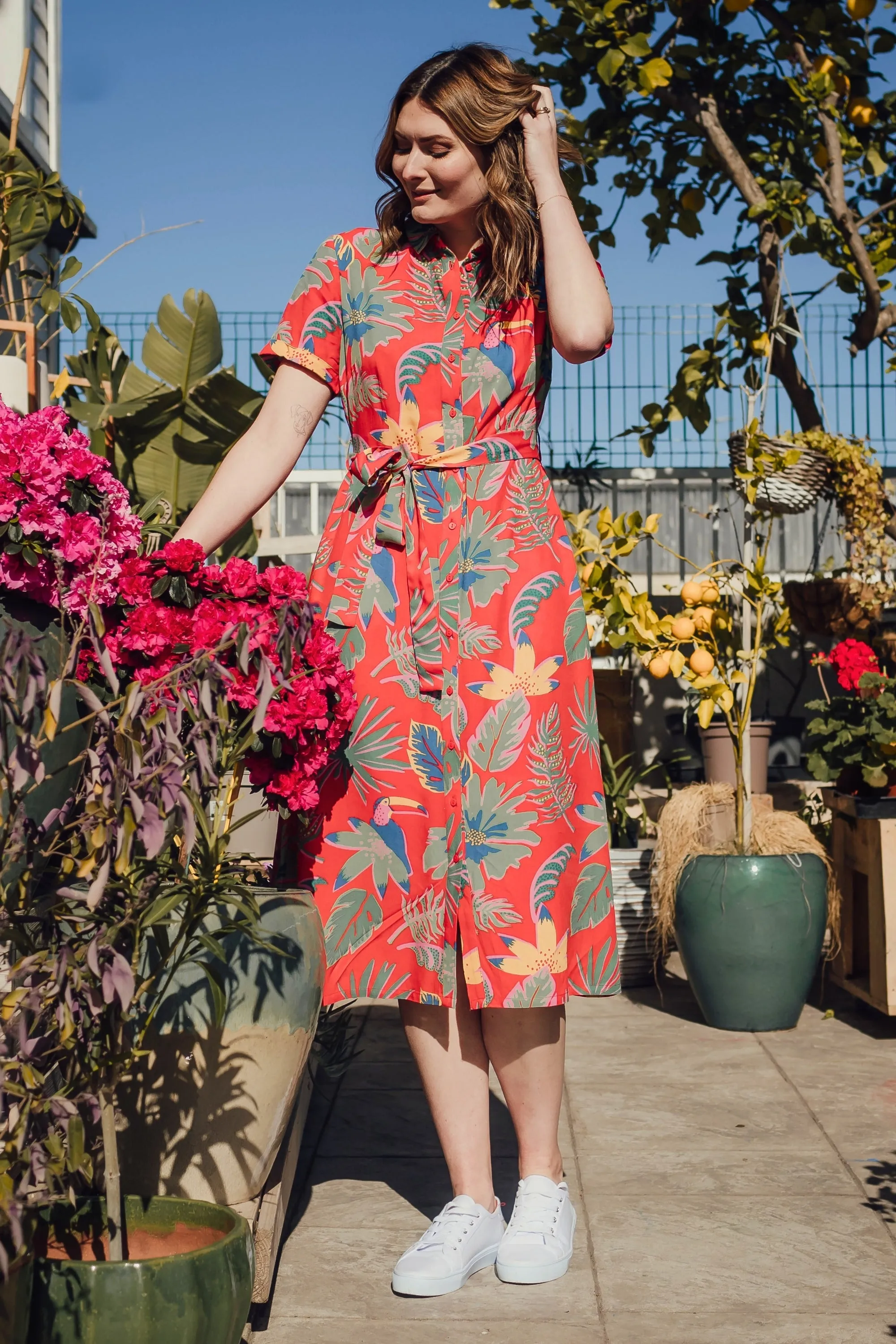 Lauretta Shirt Dress - Red, Tropical Toucans