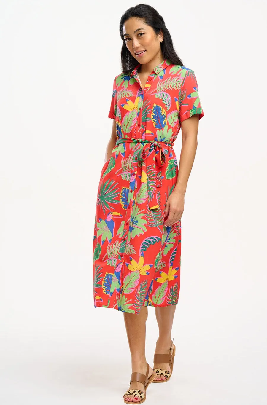 Lauretta Shirt Dress - Red, Tropical Toucans
