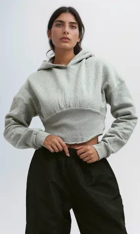 O199389 - Heather Grey Elastic Waist Hoodie With Long Sleeve