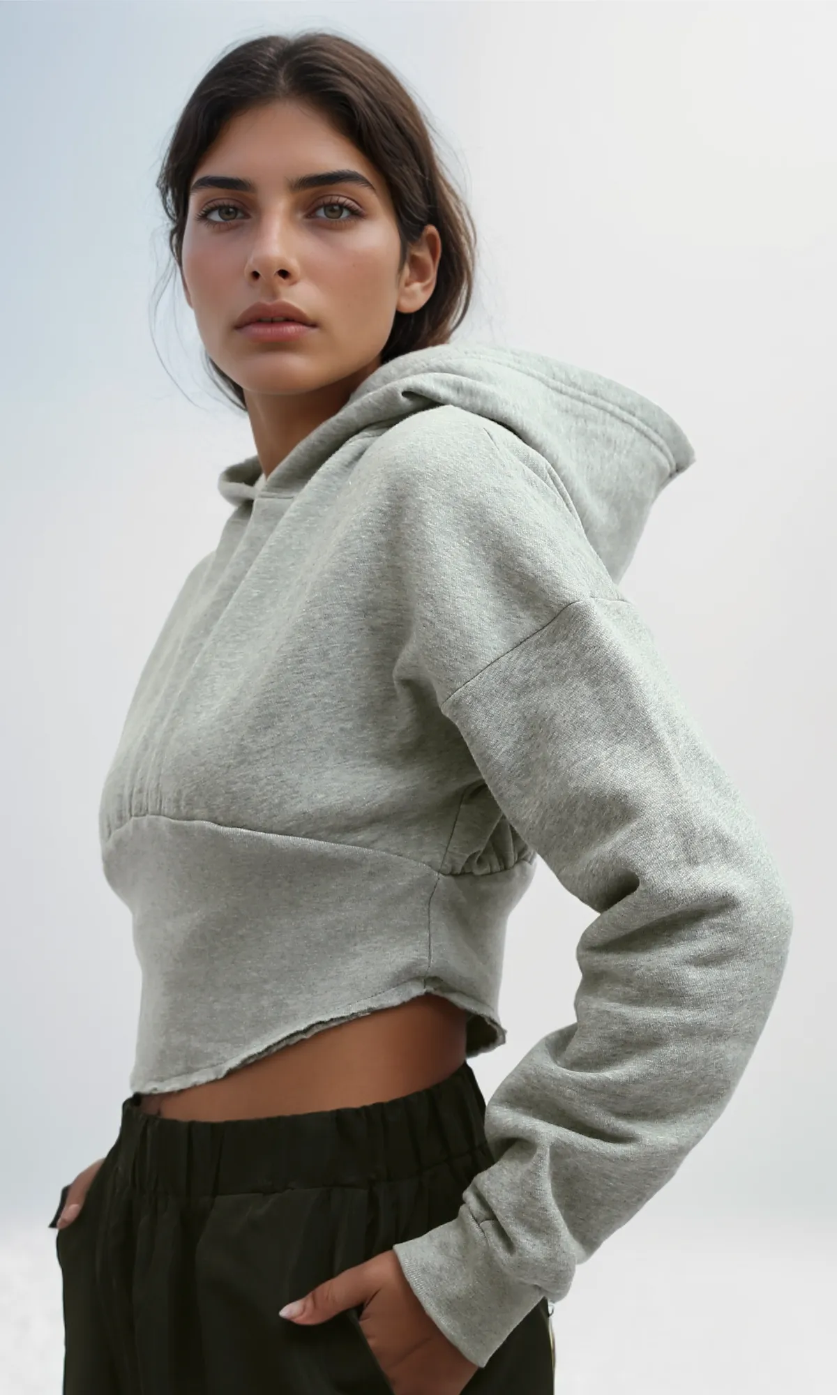 O199389 - Heather Grey Elastic Waist Hoodie With Long Sleeve
