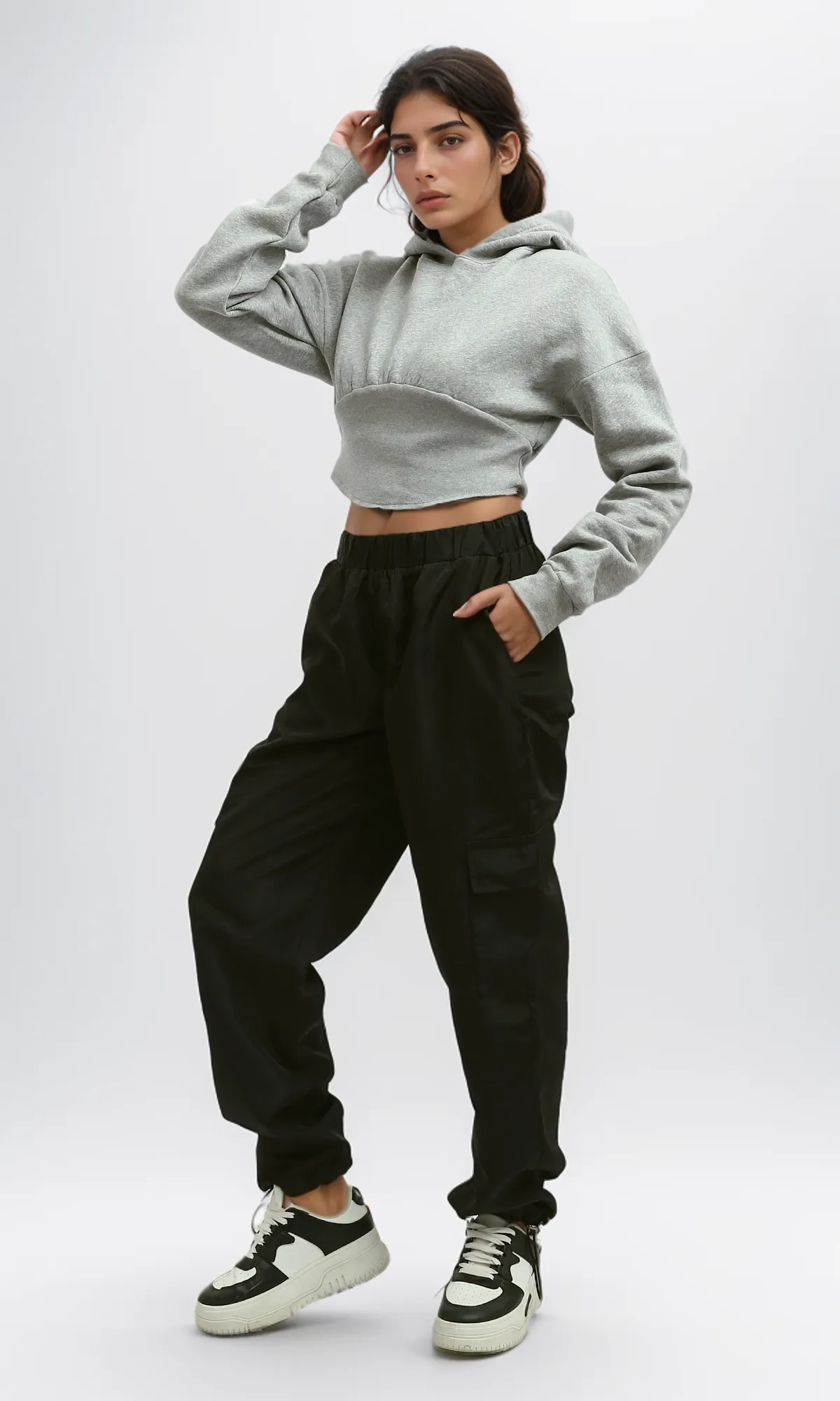 O199389 - Heather Grey Elastic Waist Hoodie With Long Sleeve