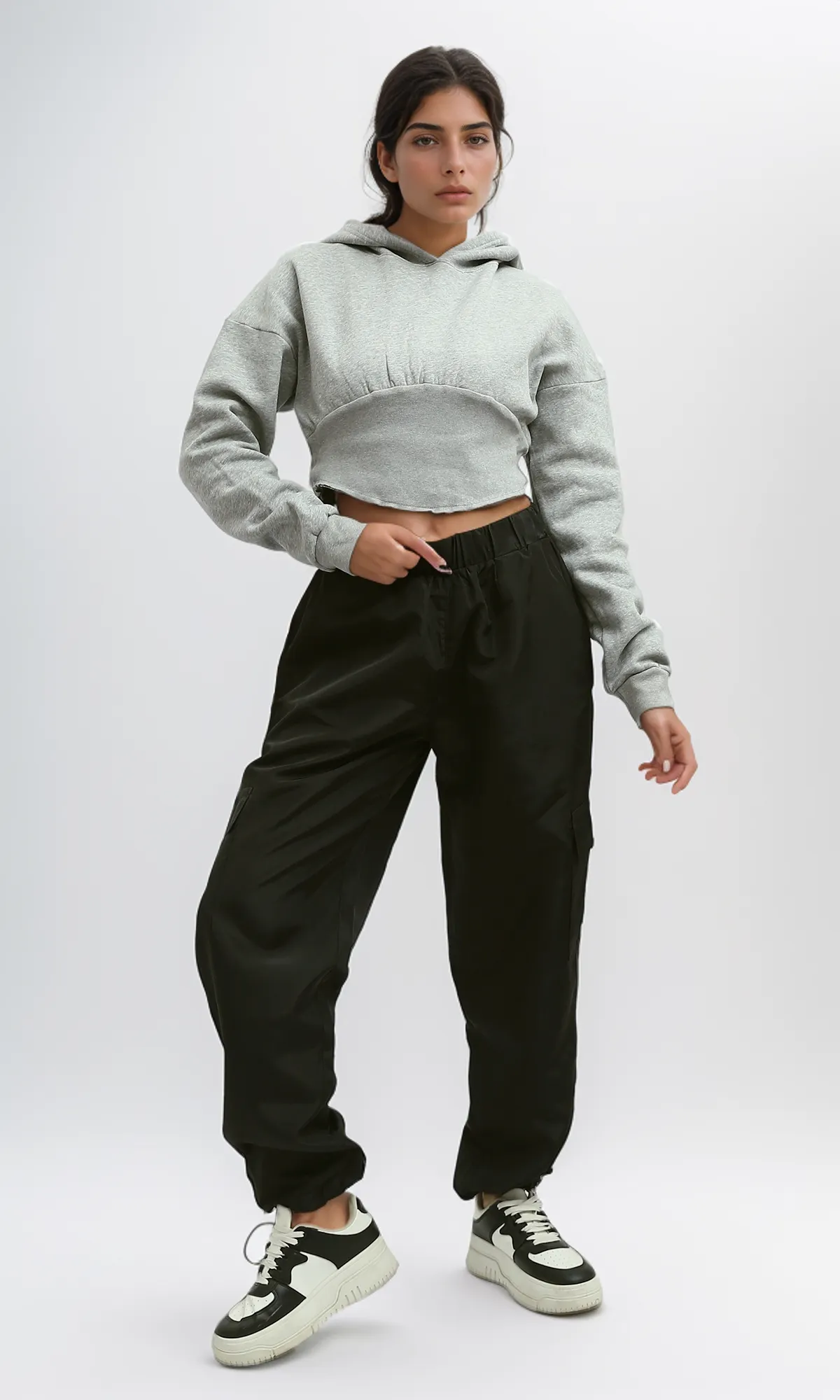 O199389 - Heather Grey Elastic Waist Hoodie With Long Sleeve
