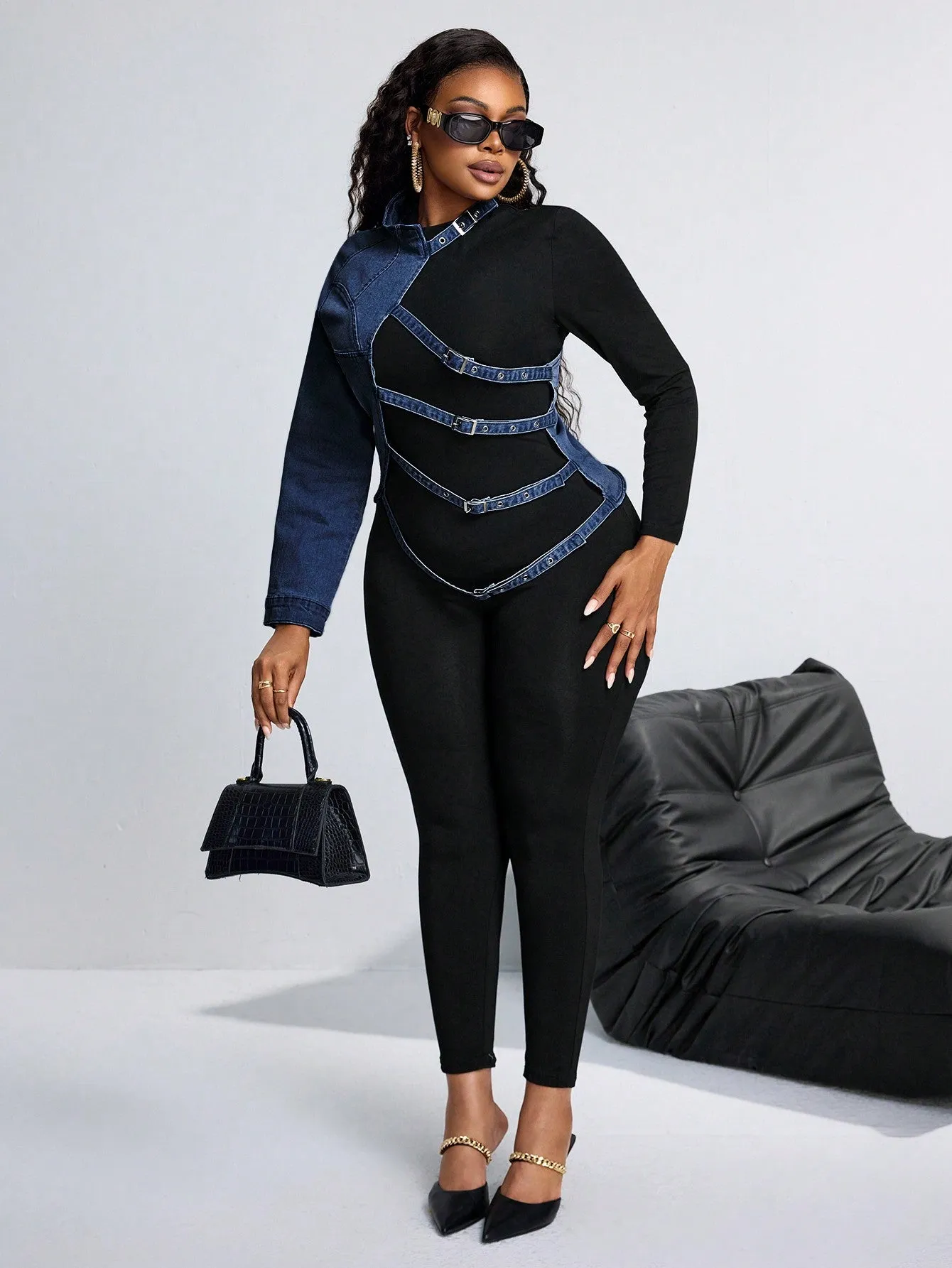 One Shoulder Long Sleeve Denim Jacket