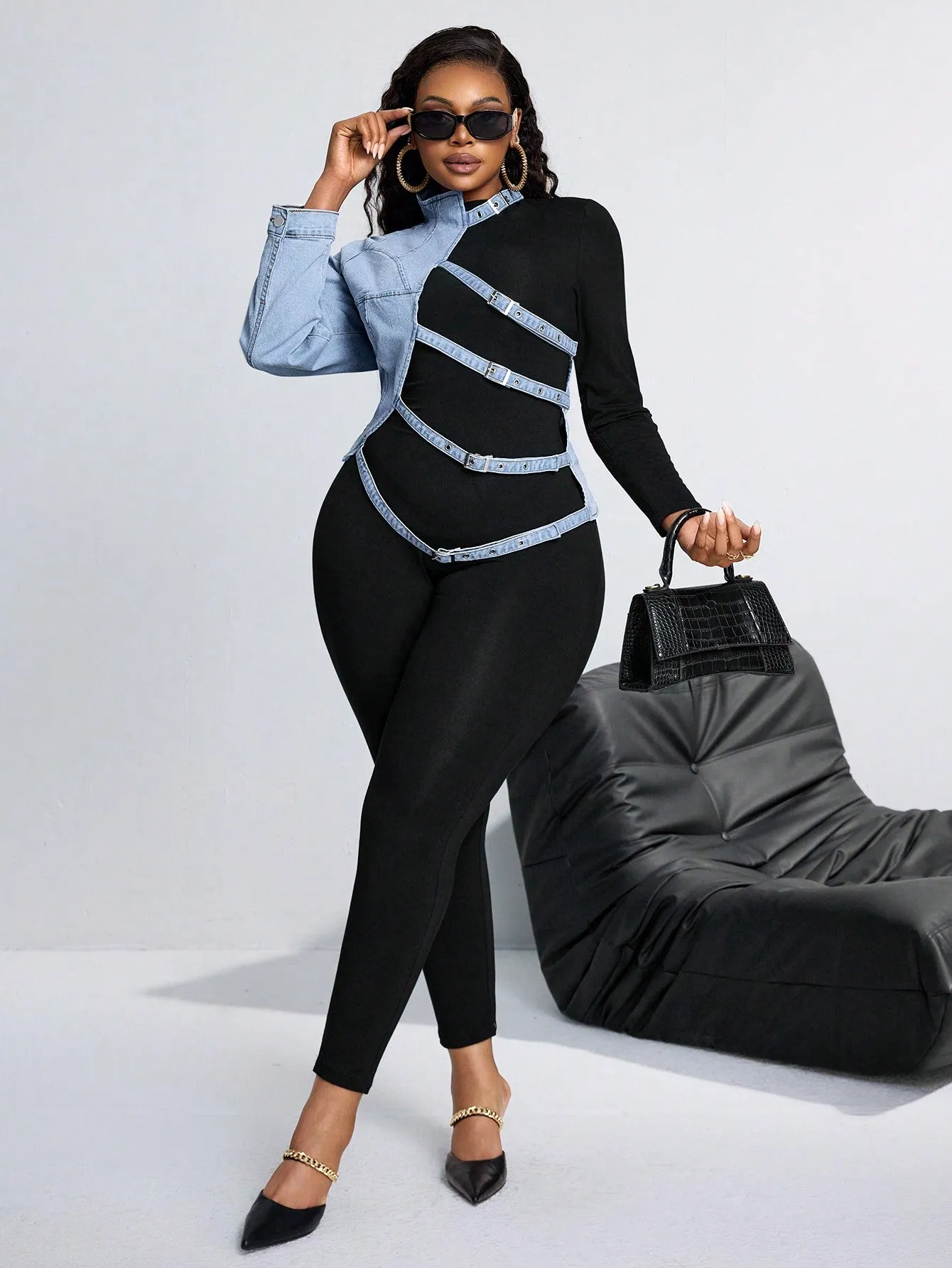 One Shoulder Long Sleeve Denim Jacket