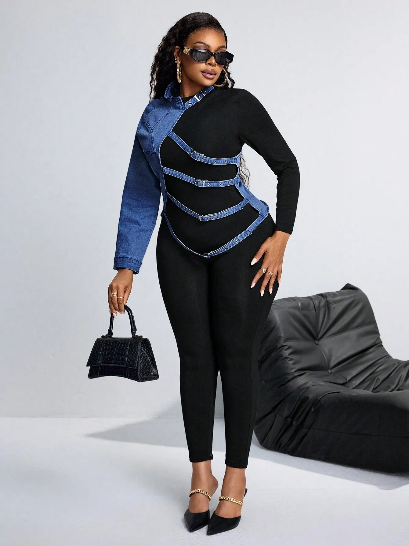 One Shoulder Long Sleeve Denim Jacket