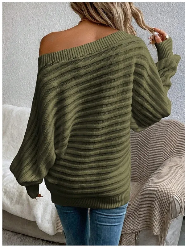 Solid Color Sunken Stripe Pullover Long Sleeve Knitted Sweater