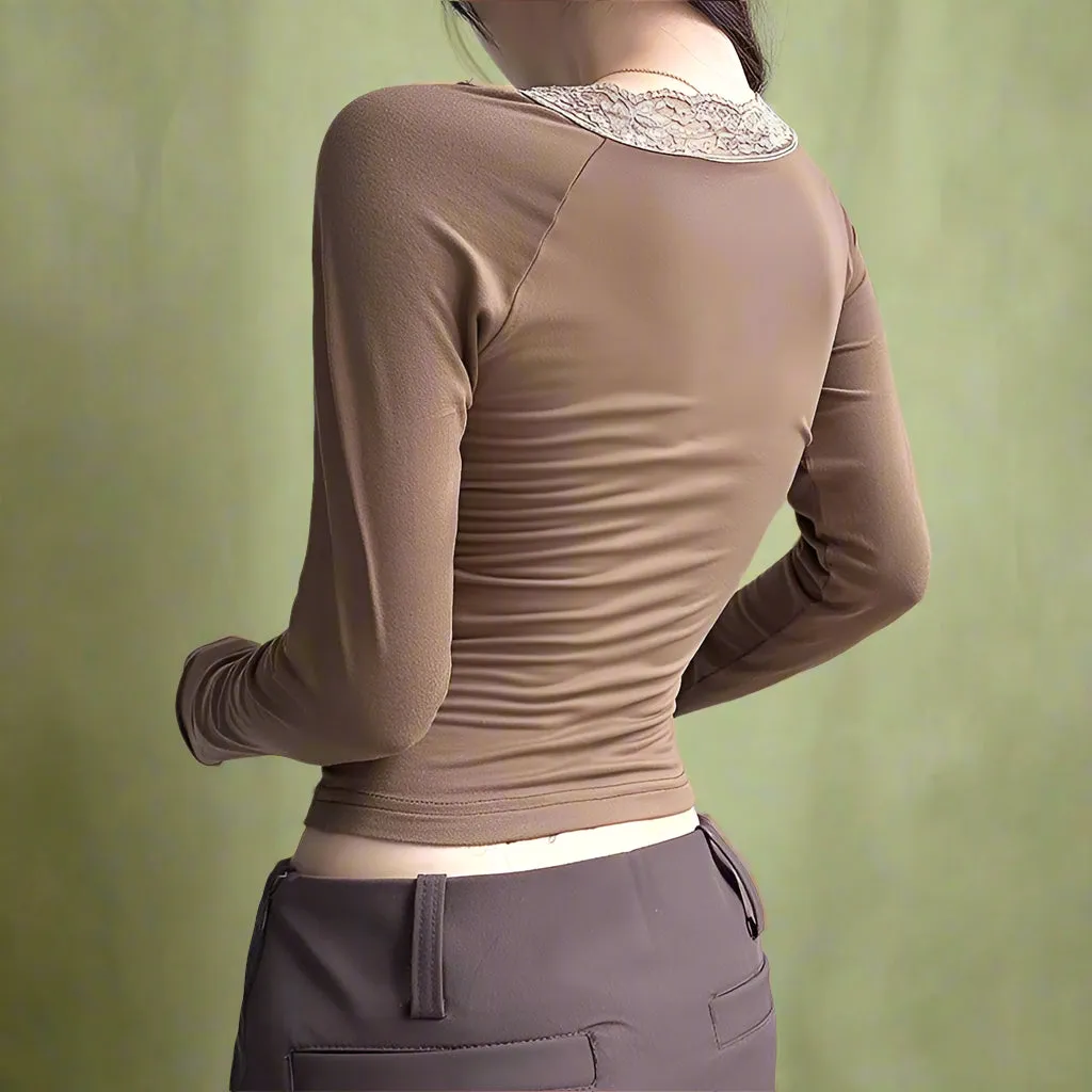 Vintage Mocha Lace Trim Tie-Front Top