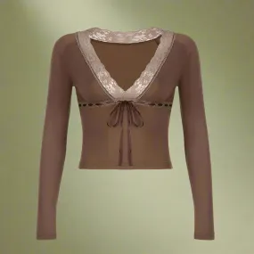 Vintage Mocha Lace Trim Tie-Front Top