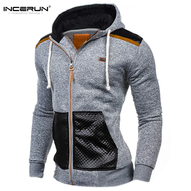 Winter Autumn Sporting Hoodies Men Slim Fit Sweatshirt Pullover Long Sleeve Casual Zipper Jacket Hoody Coat Leather Patchwork