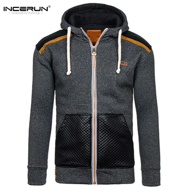 Winter Autumn Sporting Hoodies Men Slim Fit Sweatshirt Pullover Long Sleeve Casual Zipper Jacket Hoody Coat Leather Patchwork