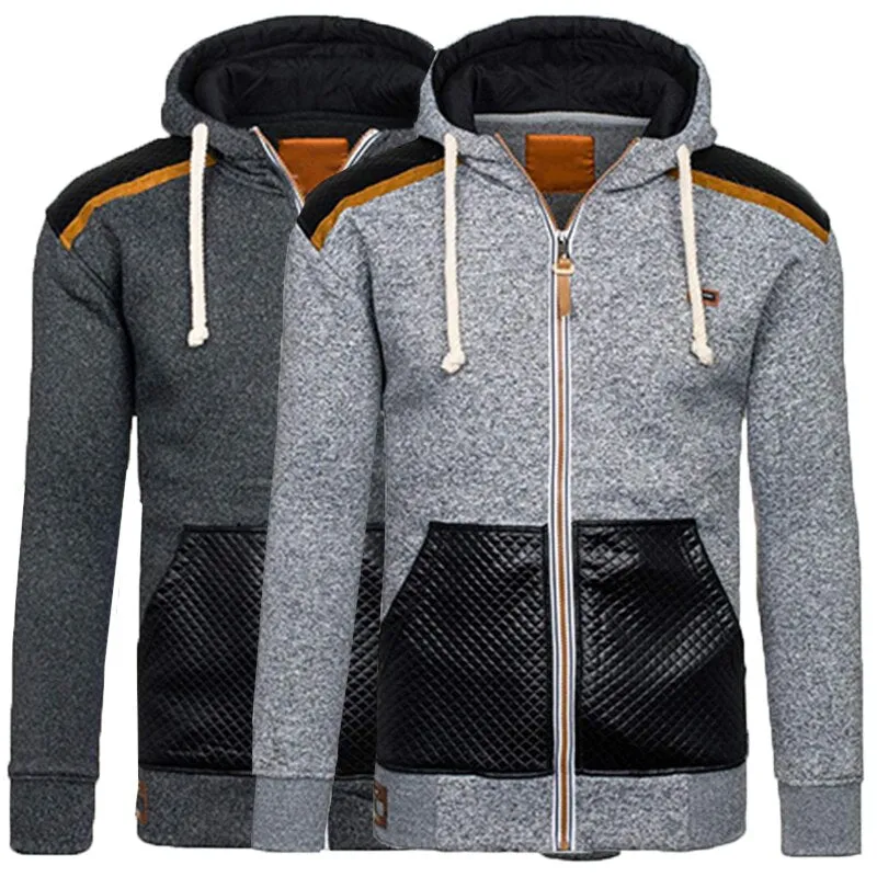 Winter Autumn Sporting Hoodies Men Slim Fit Sweatshirt Pullover Long Sleeve Casual Zipper Jacket Hoody Coat Leather Patchwork