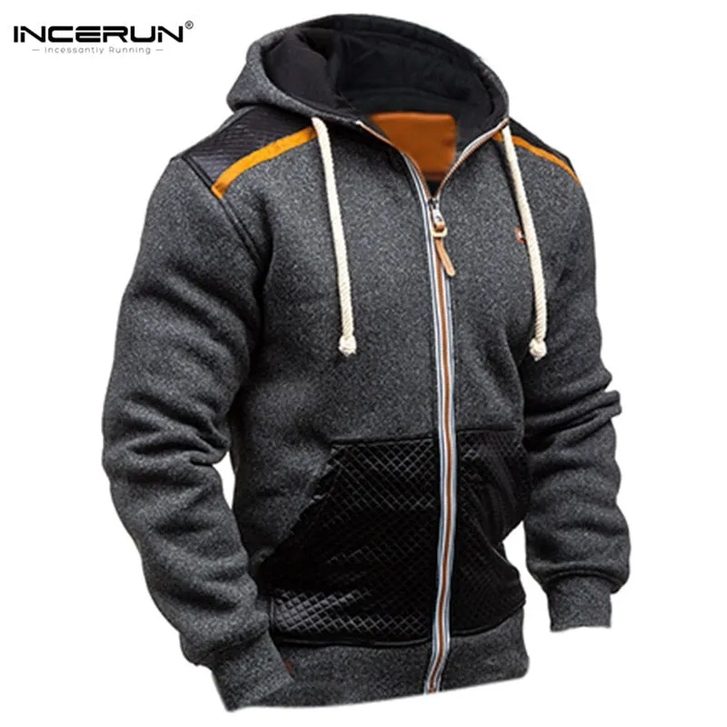 Winter Autumn Sporting Hoodies Men Slim Fit Sweatshirt Pullover Long Sleeve Casual Zipper Jacket Hoody Coat Leather Patchwork