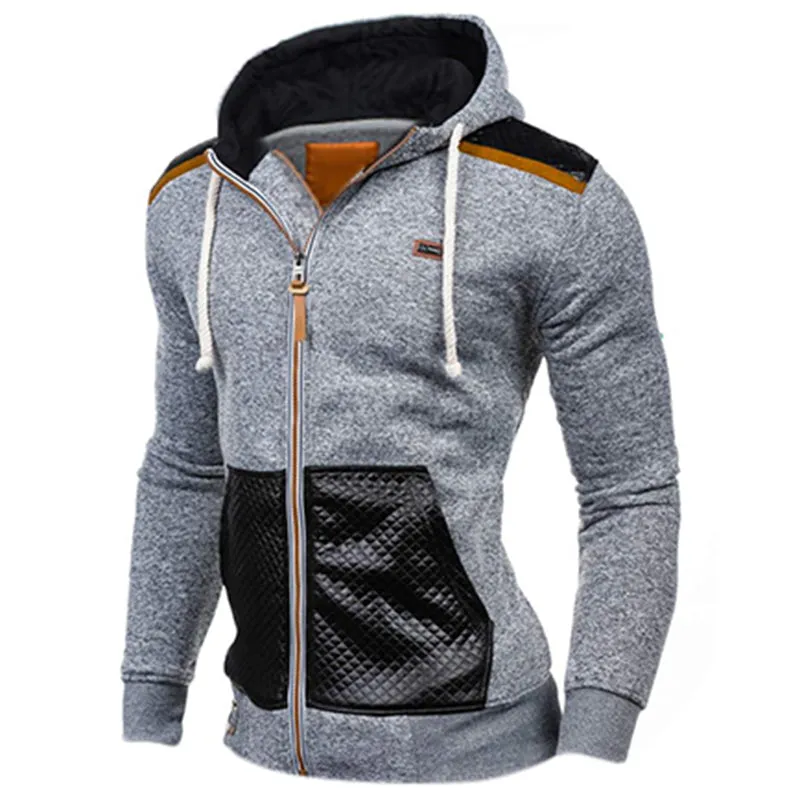 Winter Autumn Sporting Hoodies Men Slim Fit Sweatshirt Pullover Long Sleeve Casual Zipper Jacket Hoody Coat Leather Patchwork