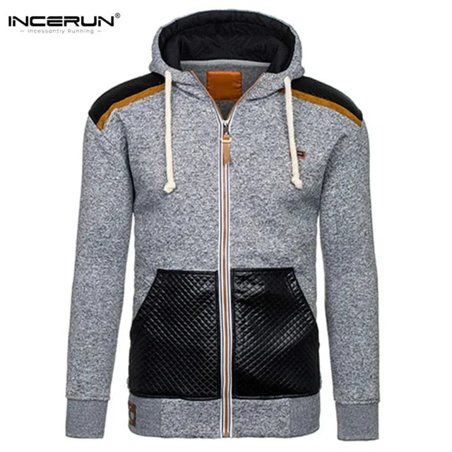Winter Autumn Sporting Hoodies Men Slim Fit Sweatshirt Pullover Long Sleeve Casual Zipper Jacket Hoody Coat Leather Patchwork